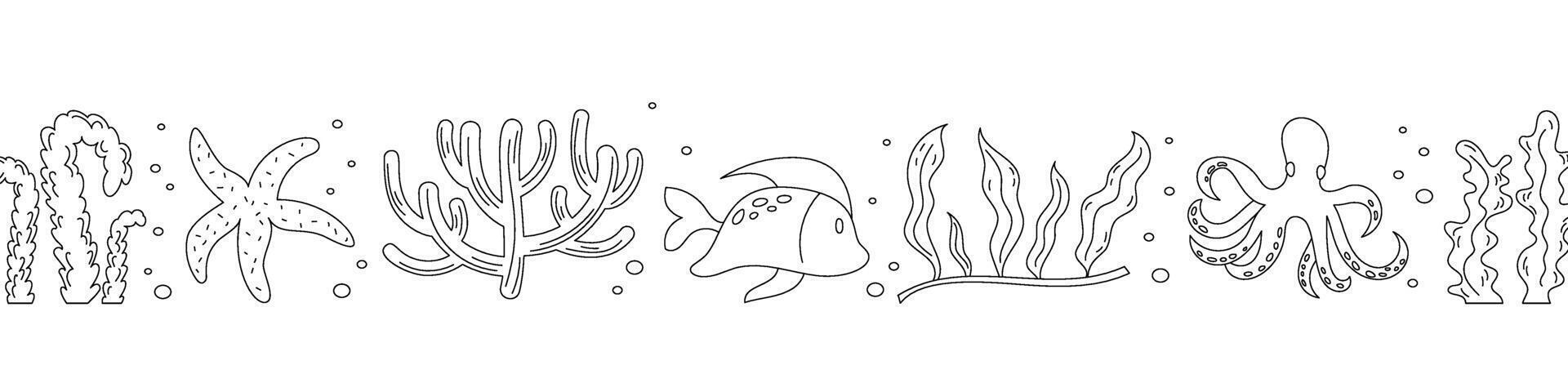 Underwater black and white silhouettes showing various marine life including seaweed, coral, starfish, fish, and octopus. The image captures ocean, reef, and sea life set. vector