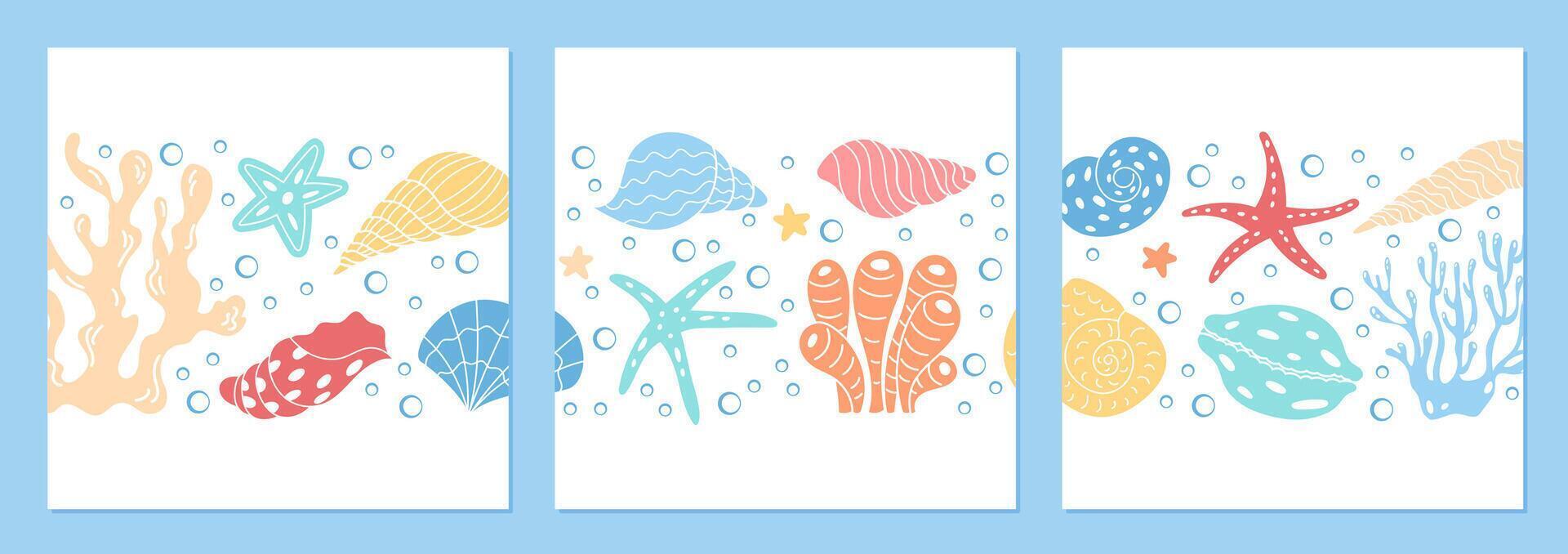 Underwater scene with marine life, including starfish, sea shells, and coral. A beautiful, colorful reef and aquatic life in ocean water at design template for social media post vector
