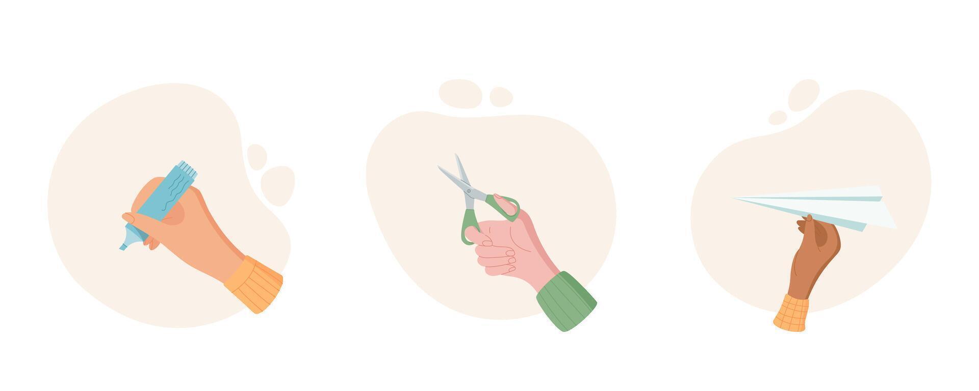 Hand hold scissors, pencil, and paper plane in a set of cartoon illustrations. Female hand gesture isolated on a clean background. Concept of writing, crafting, and playful creativity. vector