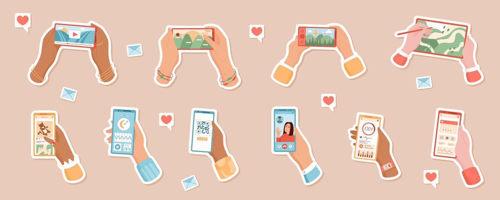 User holds smartphone in hand sticker set, using social media app on screen. Modern flat design, concept of communication, suitable for social media and technology applications. vector