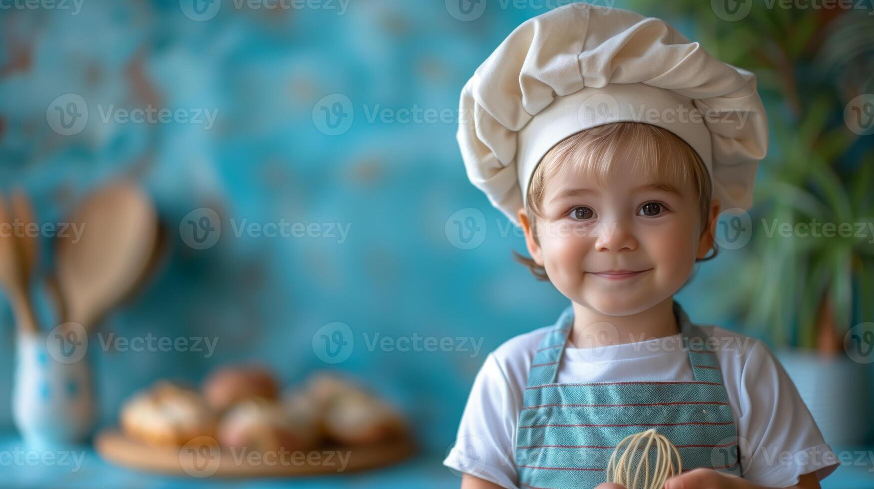 A young boy dressed in a chefs outfit with a white hat smiles at the camera while holding a whisk. photo
