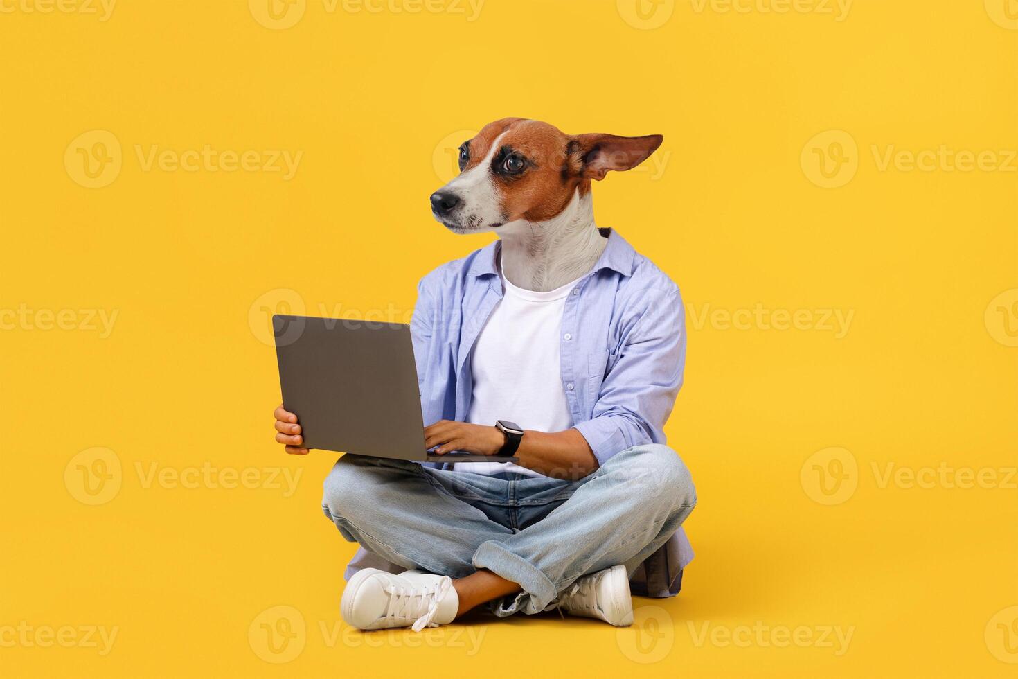 A dog with a human head is sitting on a yellow background with a laptop computer on their lap. They are wearing a white t-shirt and a blue button-up shirt. photo