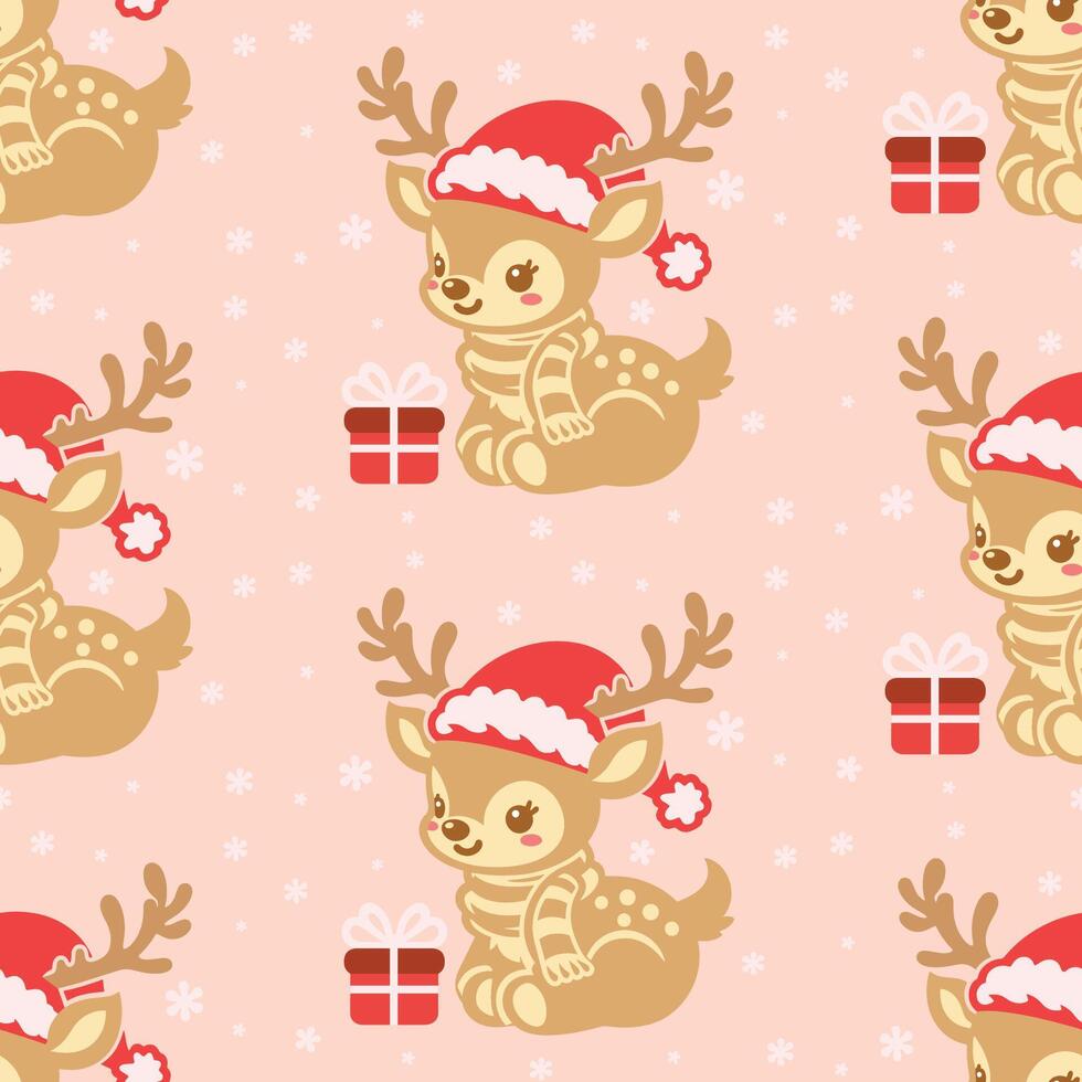 Light peach color Christmas pattern. Christmas gifts with cute reindeer background. vector