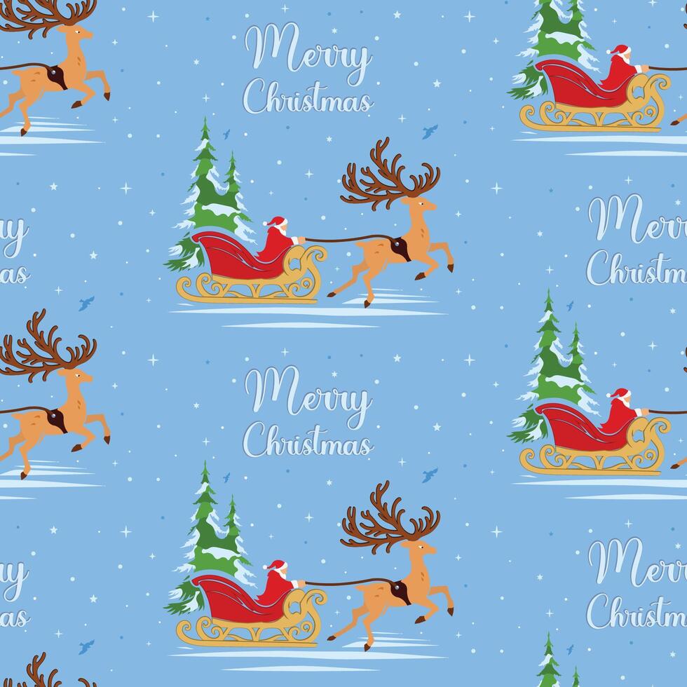 Blue Christmas pattern. Santa Claus sleigh with reindeer. vector