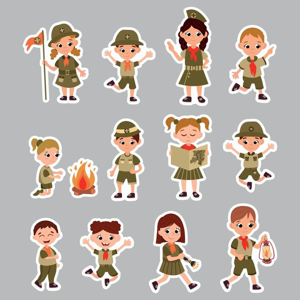 A set of stickers with scouts. Cheerful boy and girl scouts in different poses. vector