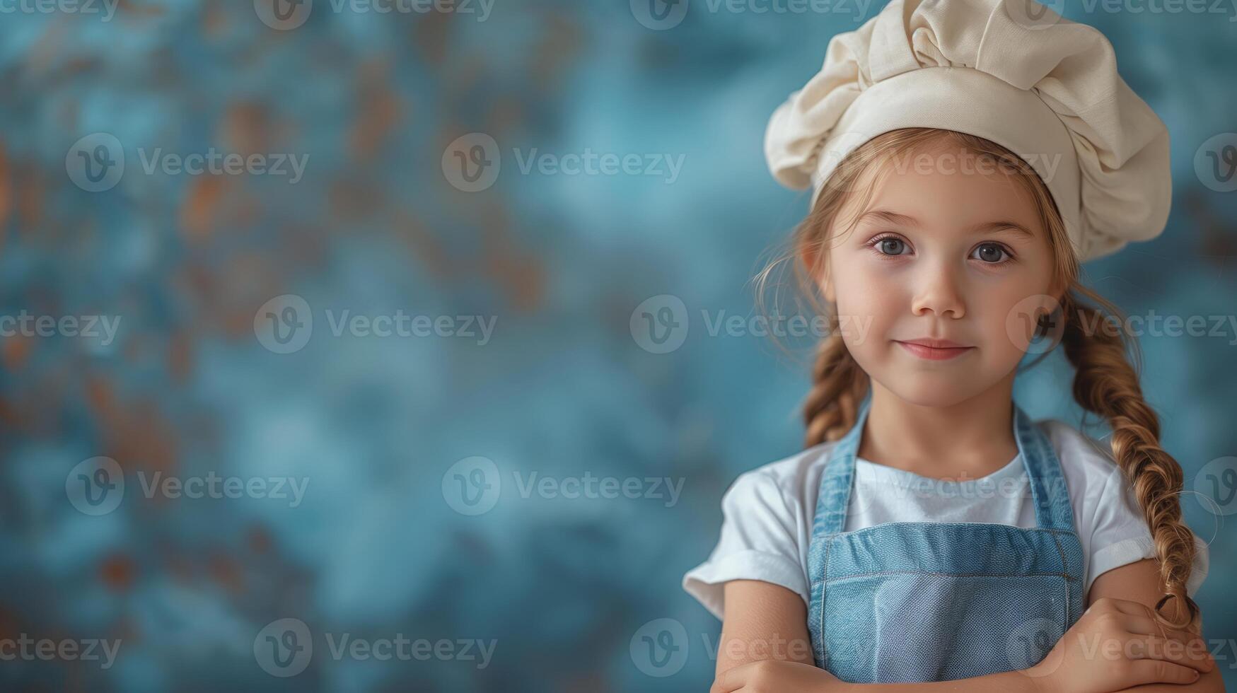 A young girl, wearing a chefs hat and apron, stands in front of a blue background. She looks directly at the camera with a serious expression. photo