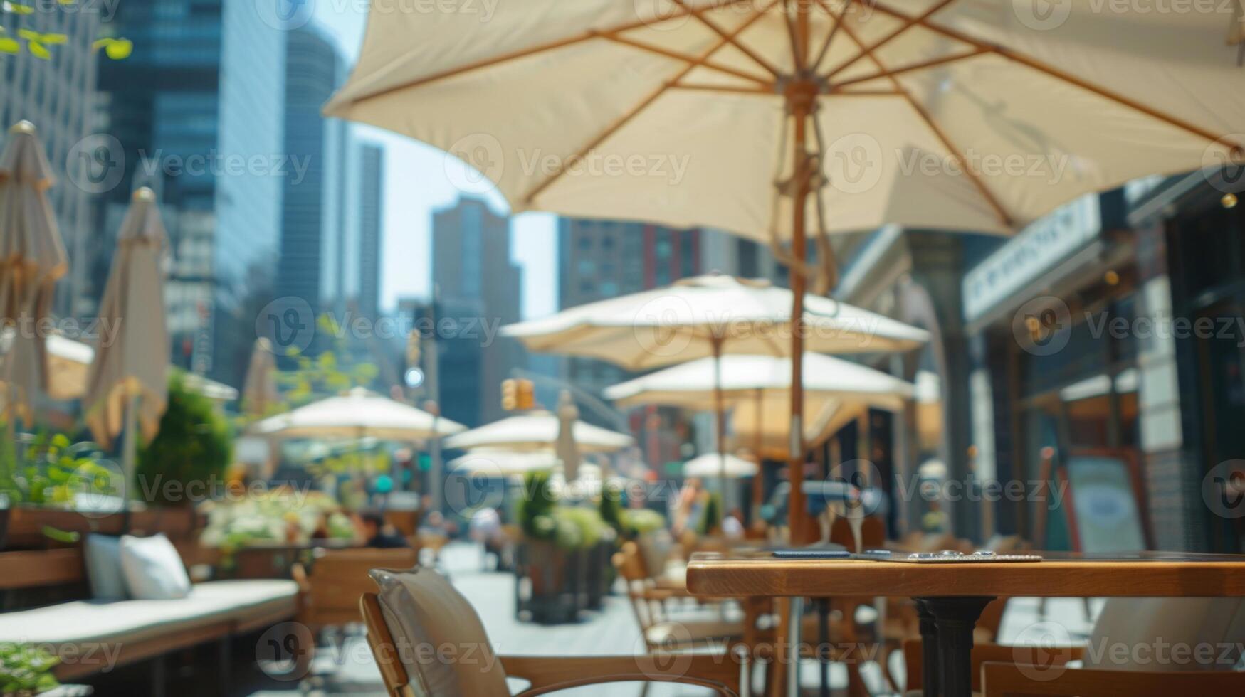 Patio restaurant in bustling city with tables, umbrellas, and chairs. Enjoy a meal under the open sky with cityscape in the background. photo