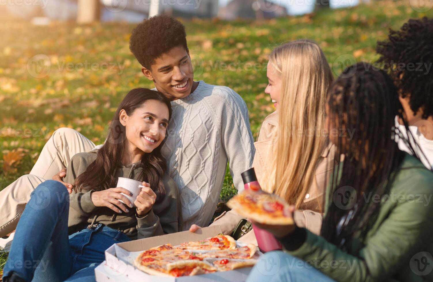 Group of multiracial happy friends having fun at public park, eating pizza and talking photo