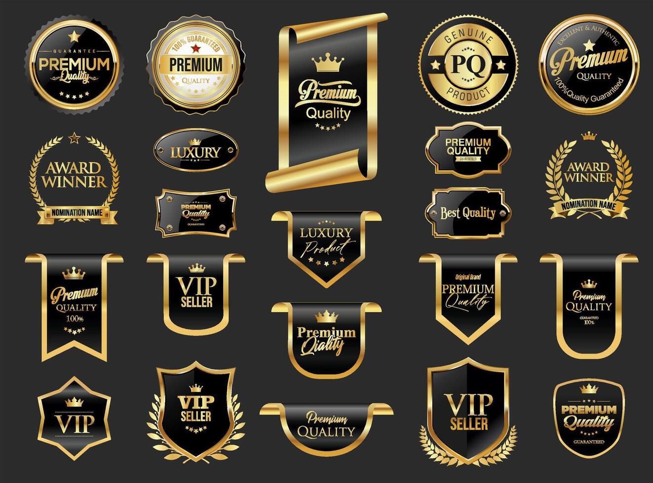 Gold and black luxury labels and badges premium quality certificate ribbons illustration vector