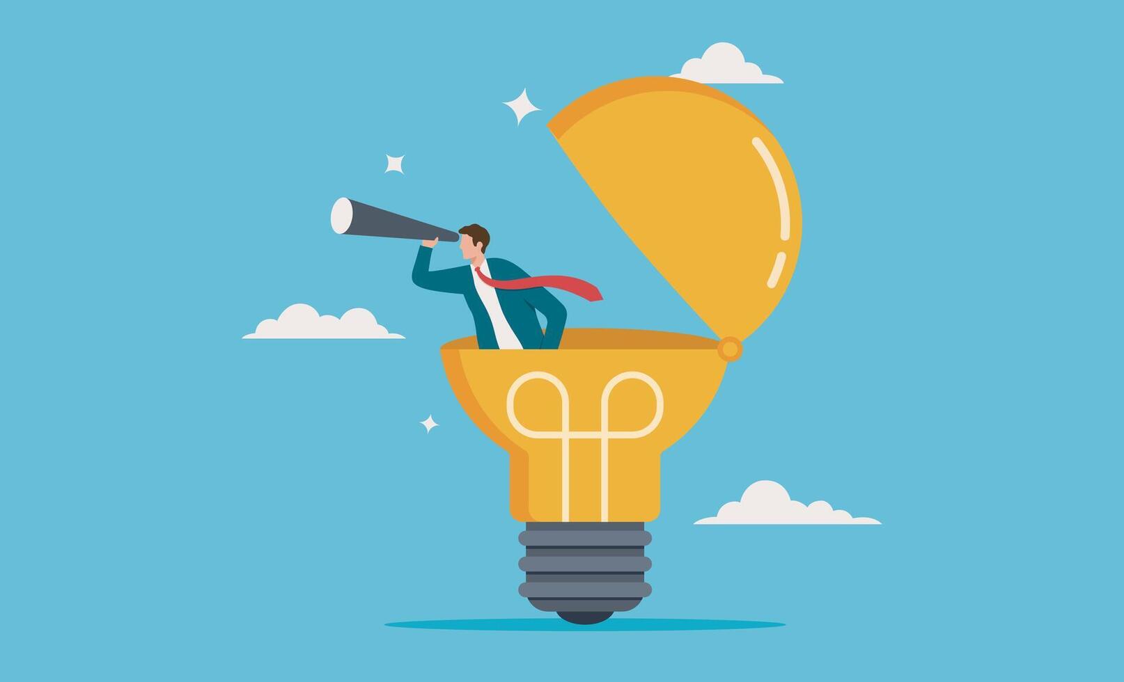 Creativity to help see business opportunity. Businessman with a lightbulb holding a telescope, symbolizing looking into the future for opportunities, suitable for business concept designs vector