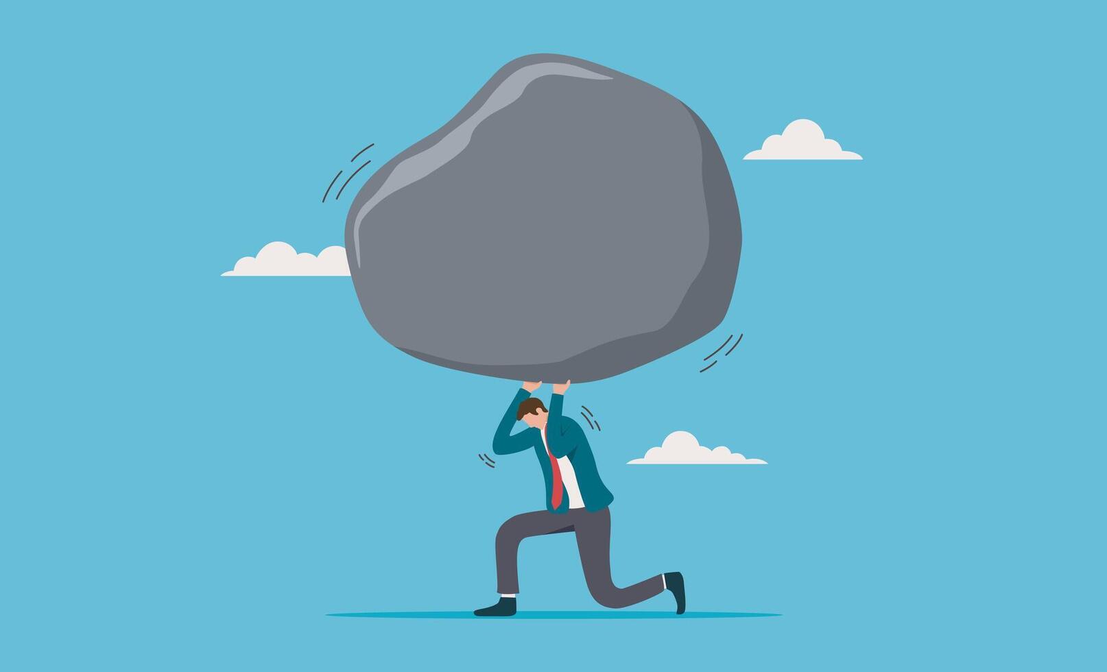 Businessman overwhelmed by grey rock symbolizes struggles. Ideal for business concepts, stress, challenges, problems, obstacles, and perseverance themes vector