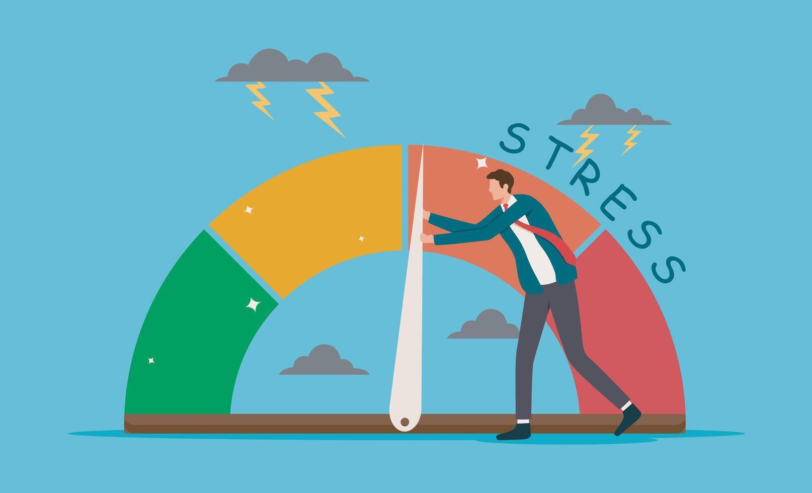 Man pushing needle on stress gauge in red zone. Perfect for counseling, mental health, stress management, anxiety, and wellnessthemed designs vector