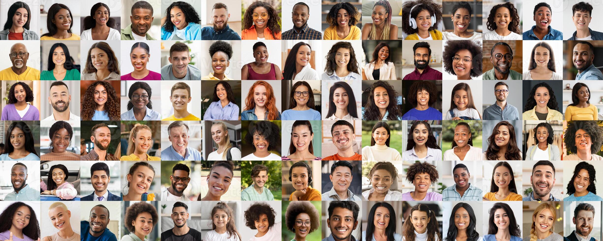 A vibrant display of diversity, this image features a portrait collage of people of different ethnicities, embracing the concept of a diverse society photo