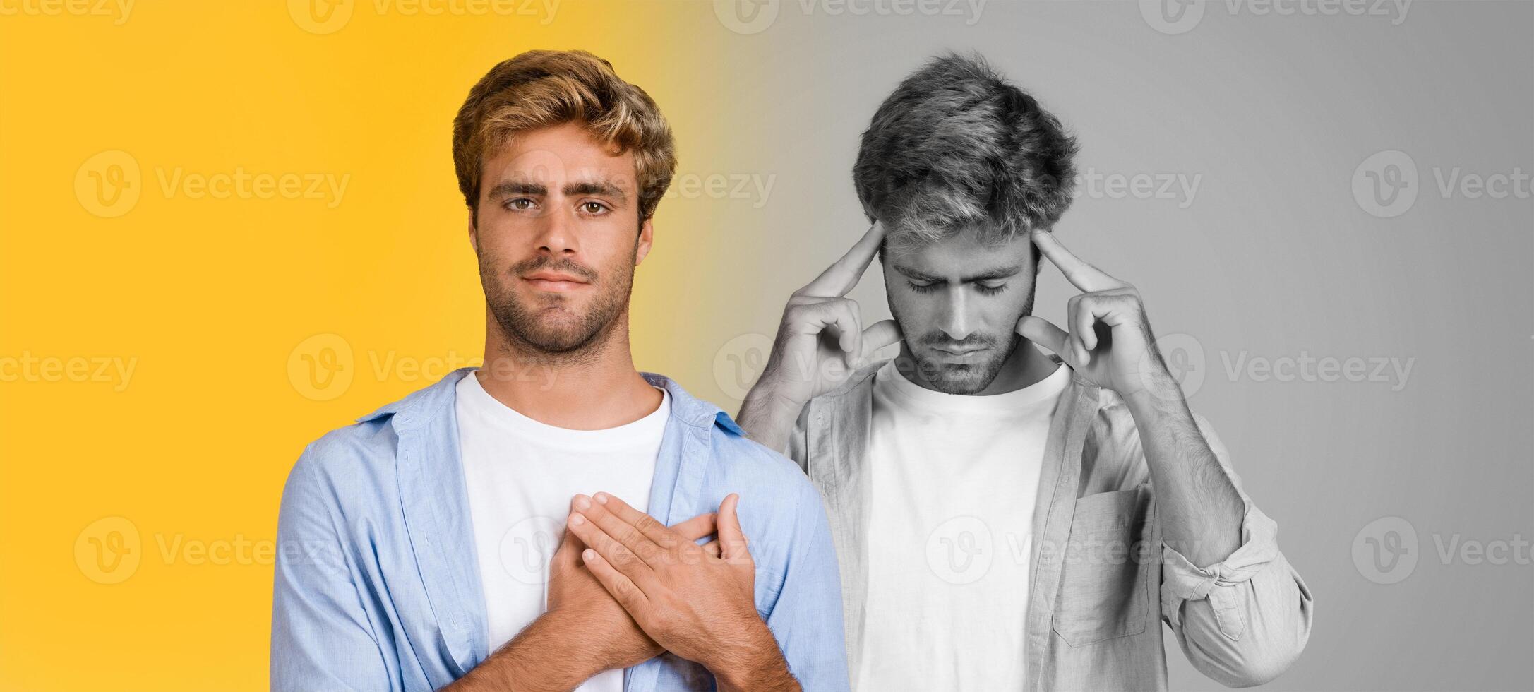 A young man displays contrasting emotions against bright and muted backgrounds. On one side, he appears calm and reflective with a gentle smile while on the other, he seems troubled photo