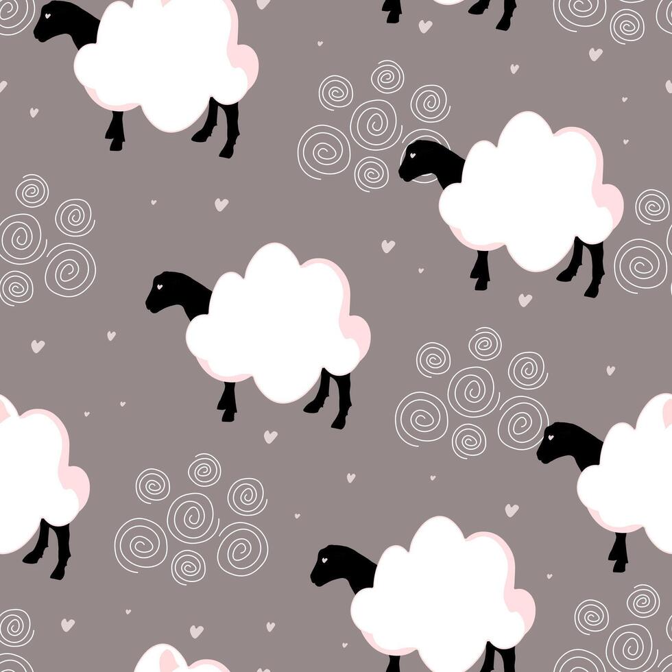 Sheep seamless pattern with hearts and clouds vector