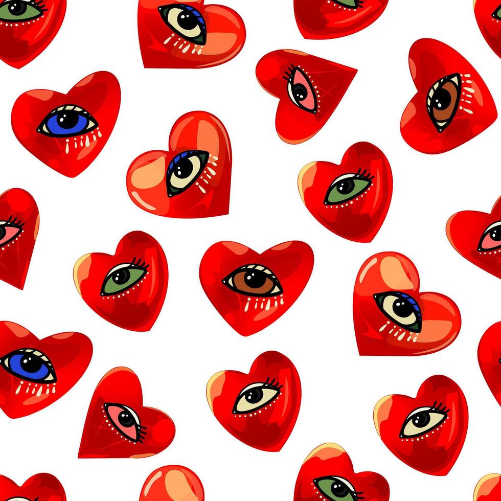 A pattern with red hearts and eyes vector