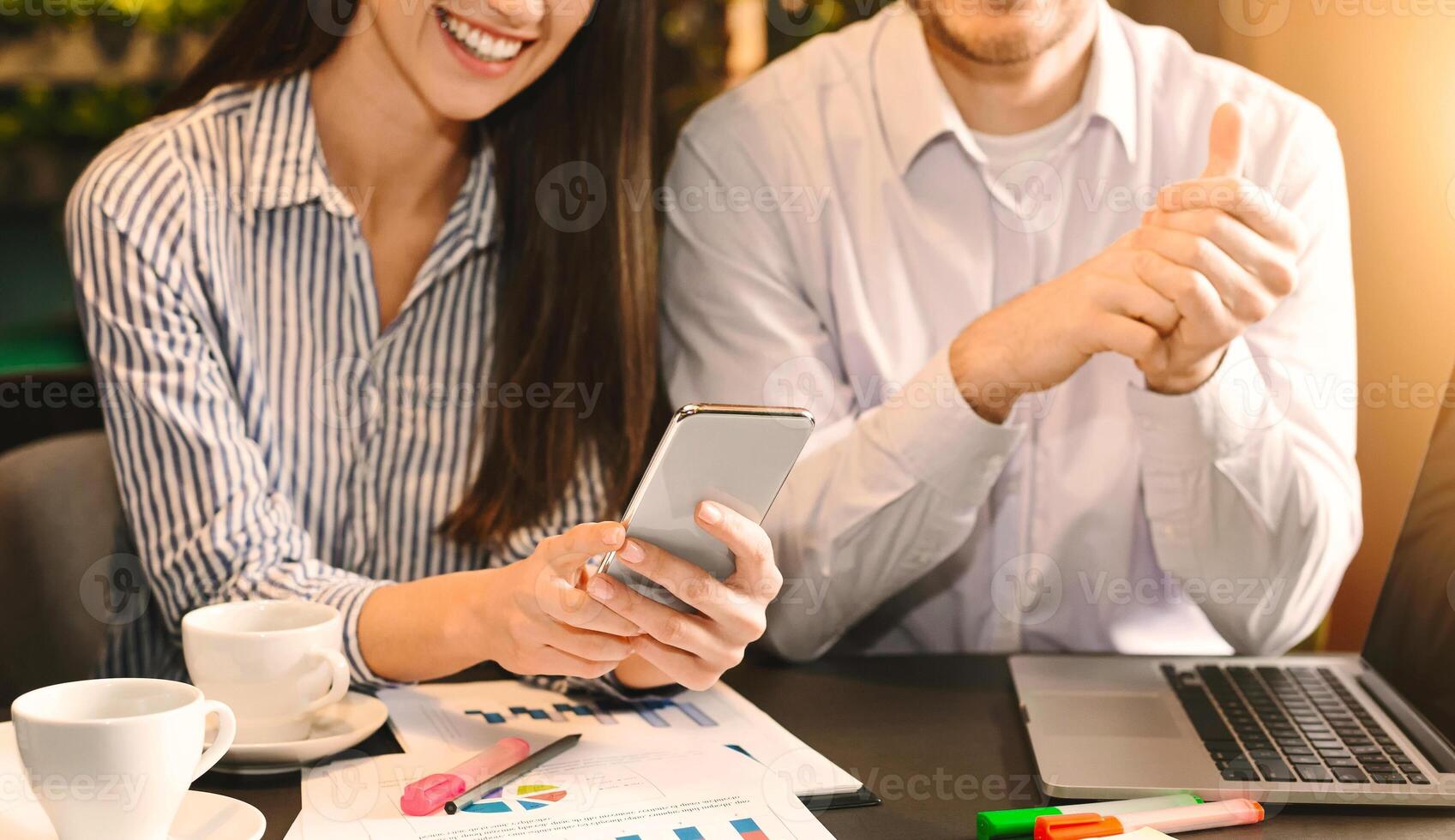 Mobile application development. Cheerful woman enjoying demo version of new project, business meeting in cafe, empty space photo