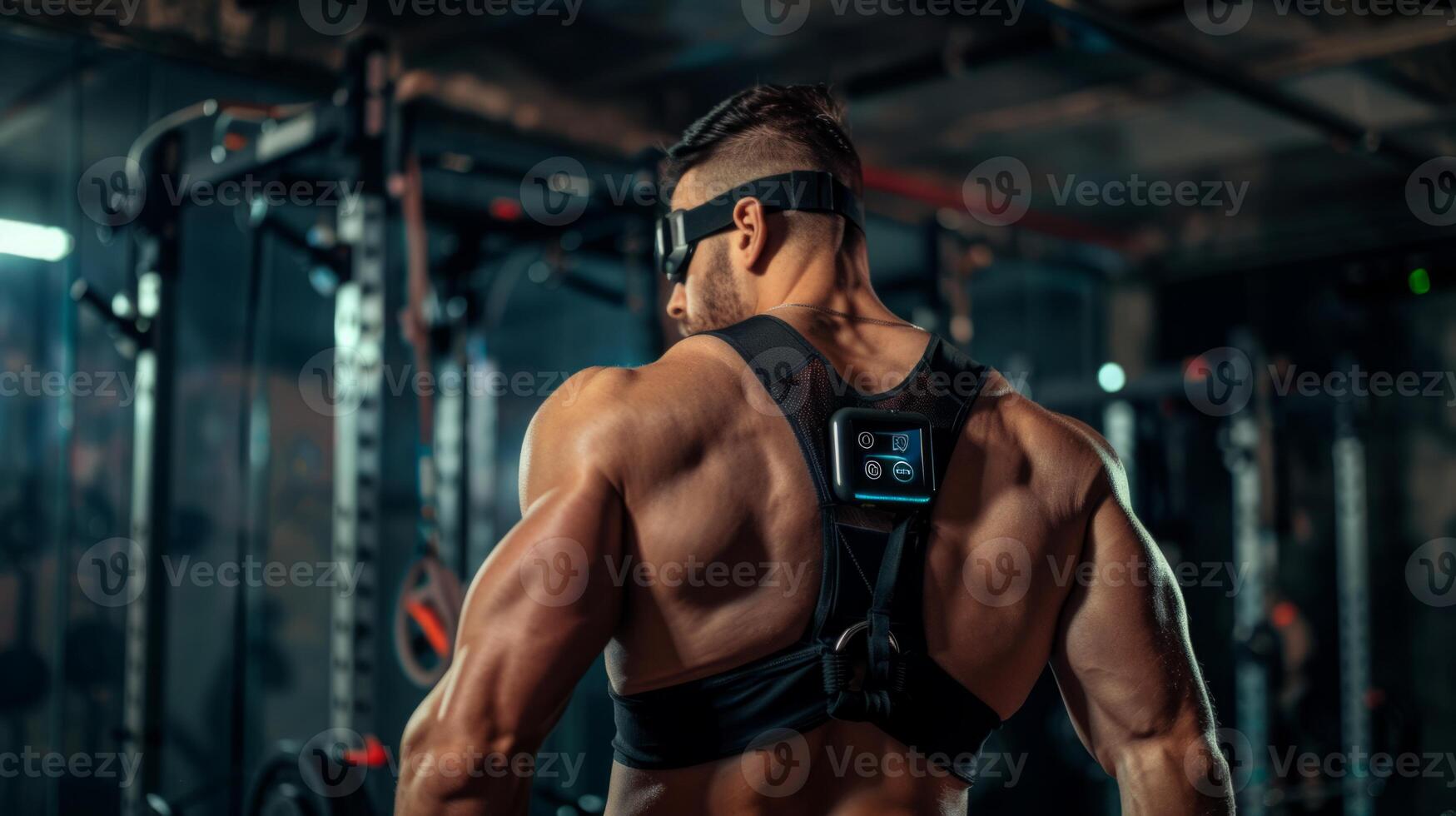 A muscular man wears fitness technology during a workout in a gym. The device is strapped to his back and displays data. photo