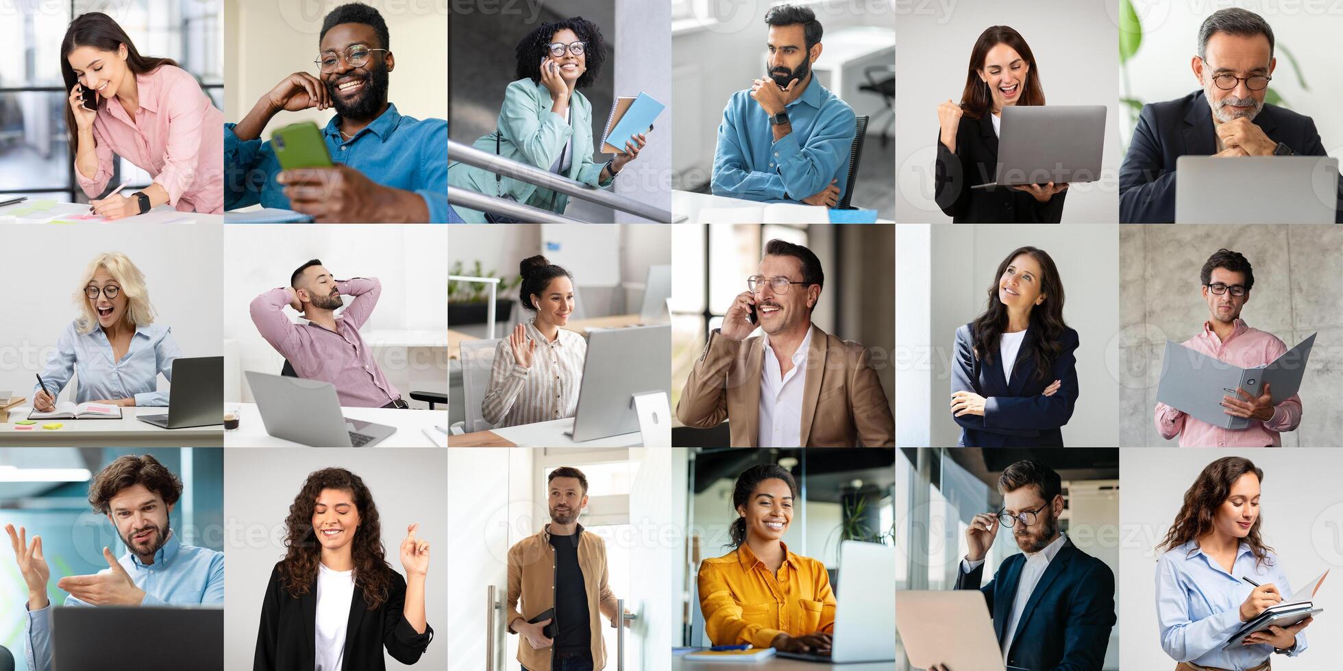 A vibrant array of professionals from different backgrounds is seen actively engaging in various tasks within a contemporary office. Some on phone calls, while others working on laptops or tablets photo