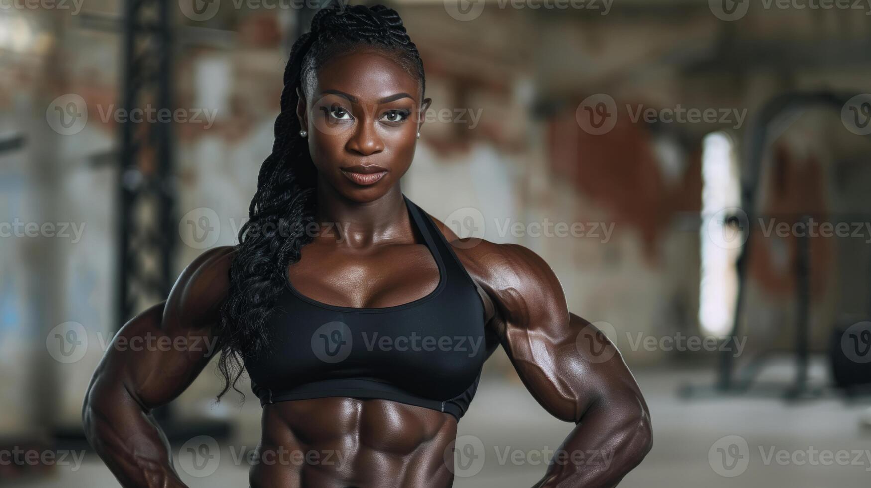 A strong, fit woman poses in a gym, showcasing her well-defined muscles. photo