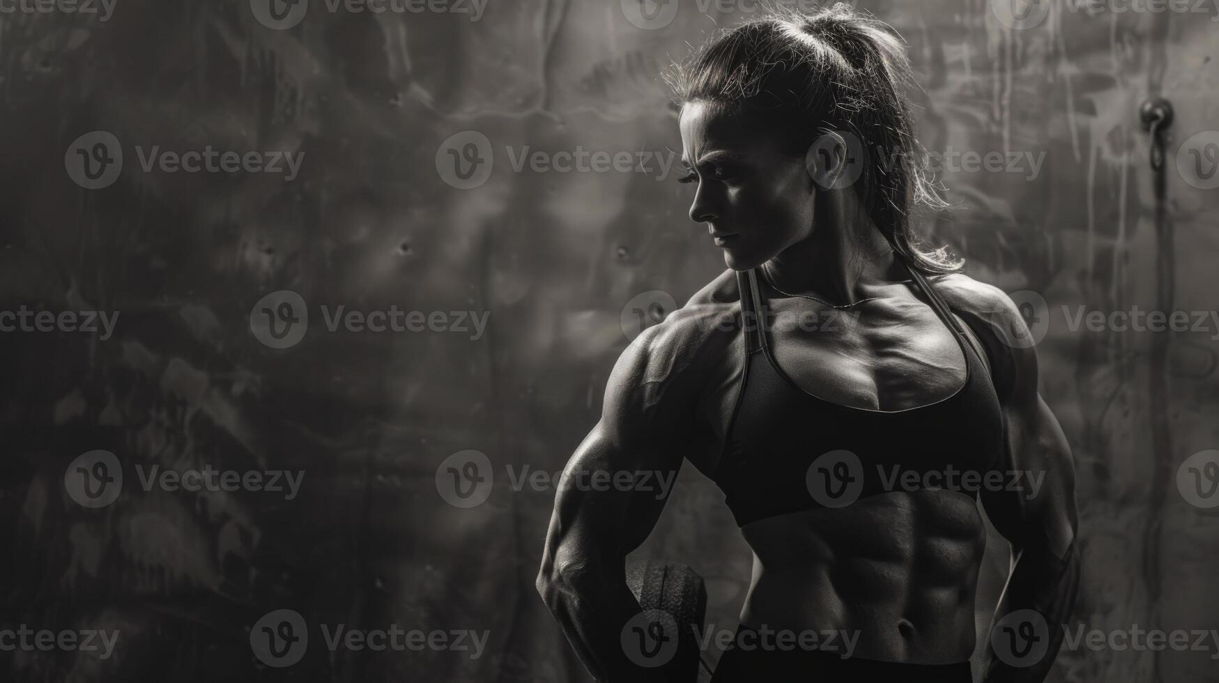 A muscular woman poses for the camera in a gym setting, her strong physique is on display in a black sports bra. photo