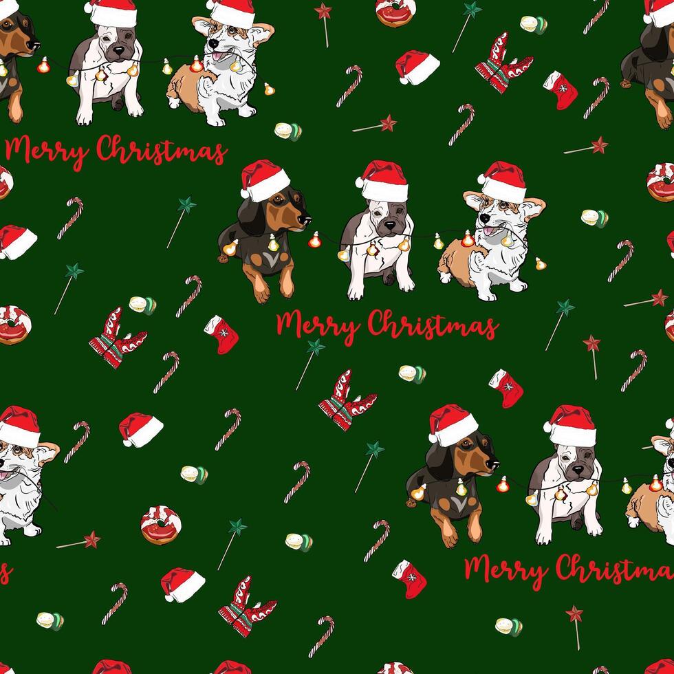 A christmas wrapping paper with dogs and candy canes vector