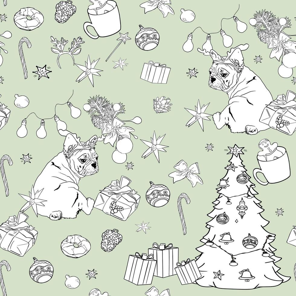 Christmas seamless pattern with dogs and christmas gifts vector