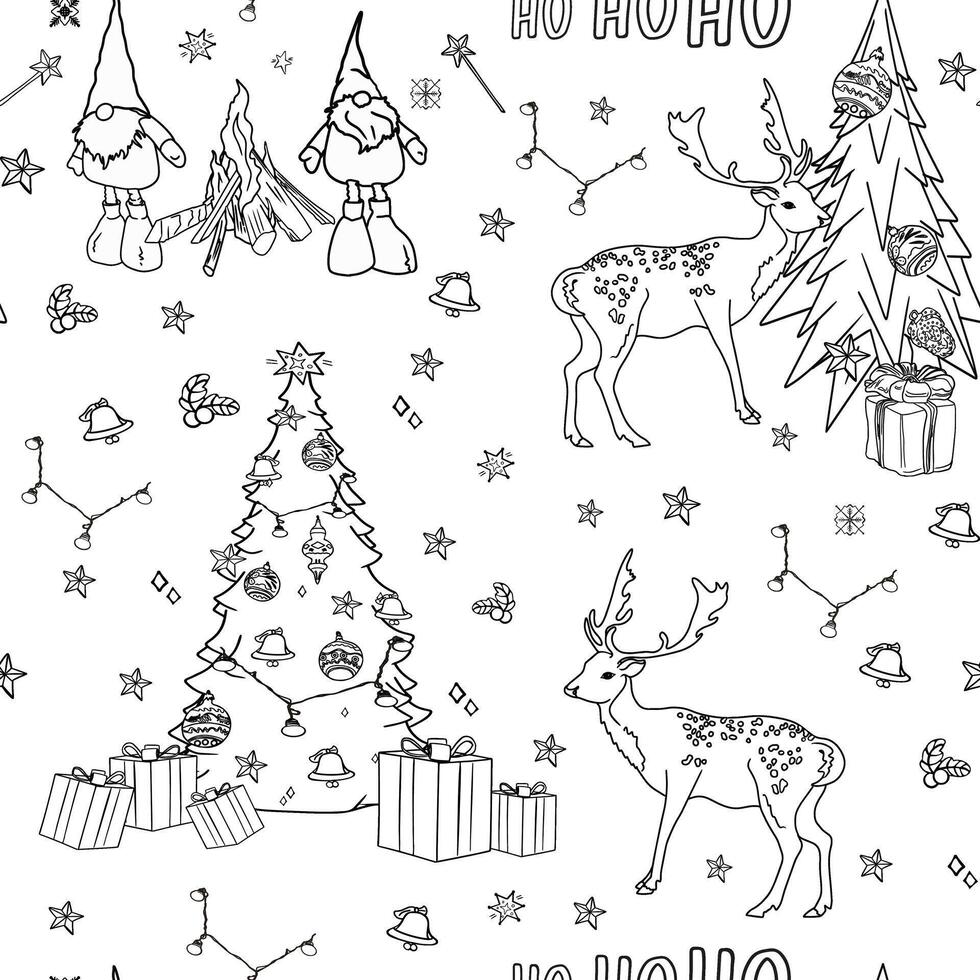 A coloring page with christmas trees, reindeer, and other items vector
