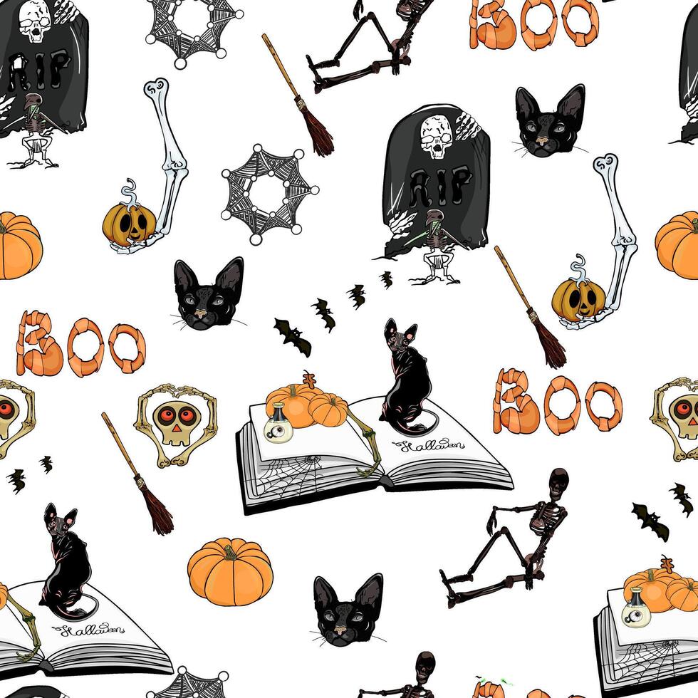 A pattern with halloween items and skeletons vector