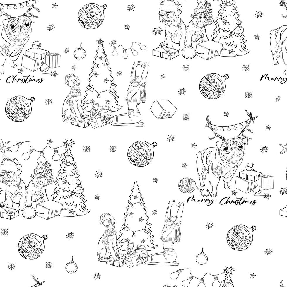 Christmas seamless pattern with deer, christmas tree and presents vector