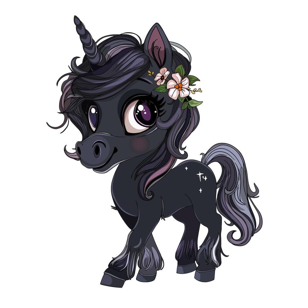 A cartoon black unicorn with flowers on its head vector