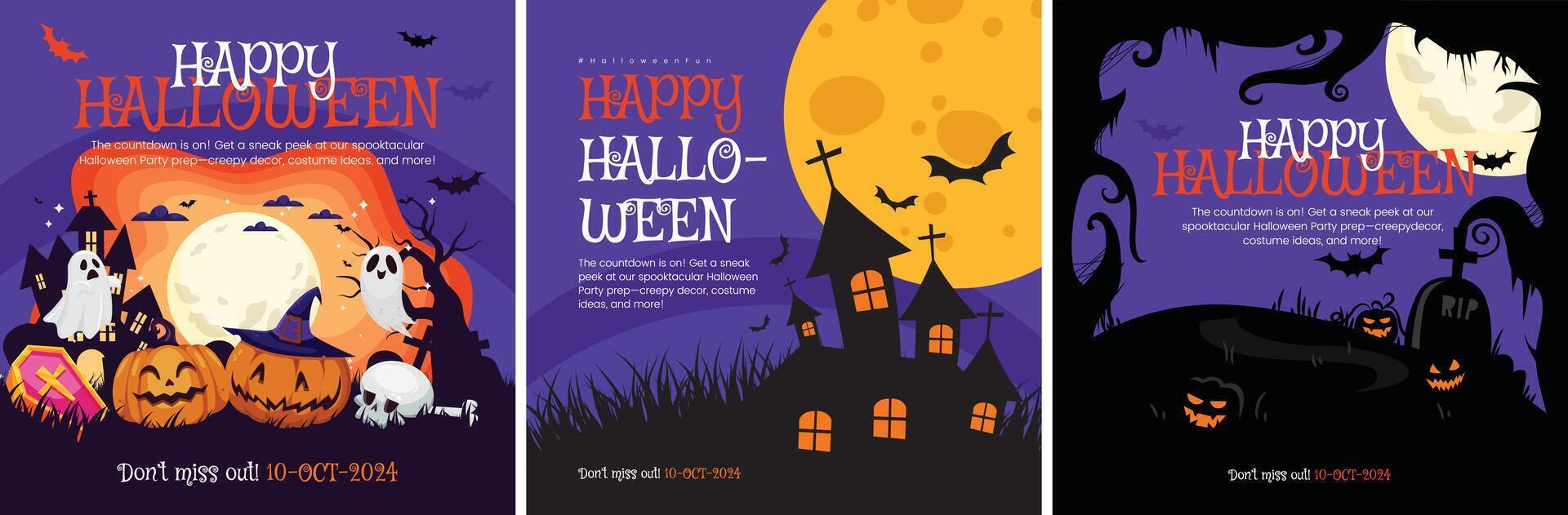 Halloween haunted castles in forest and tombstones on graveyard social media post set vector