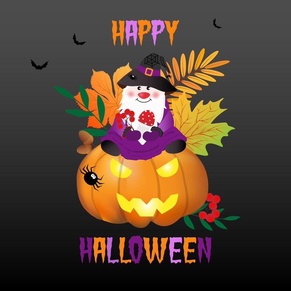 Greeting card with cute gnome, sitting on pumpkin and composition of fly agarics with spots, autumn maple and acorns,oak leaves, rowan berries and leaves on black background. vector