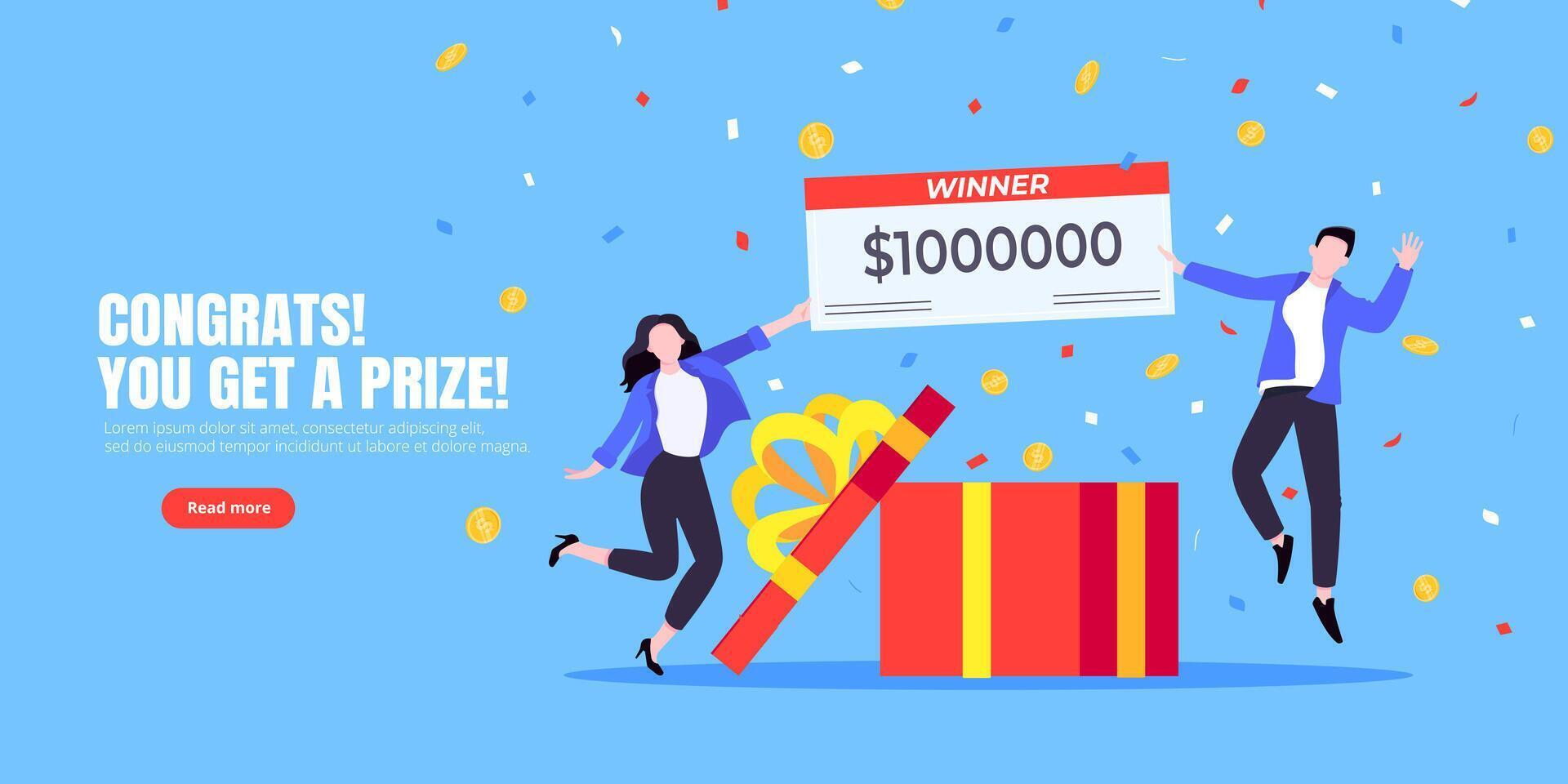 Happy lottery winners with big prize paycheck landing page. vector