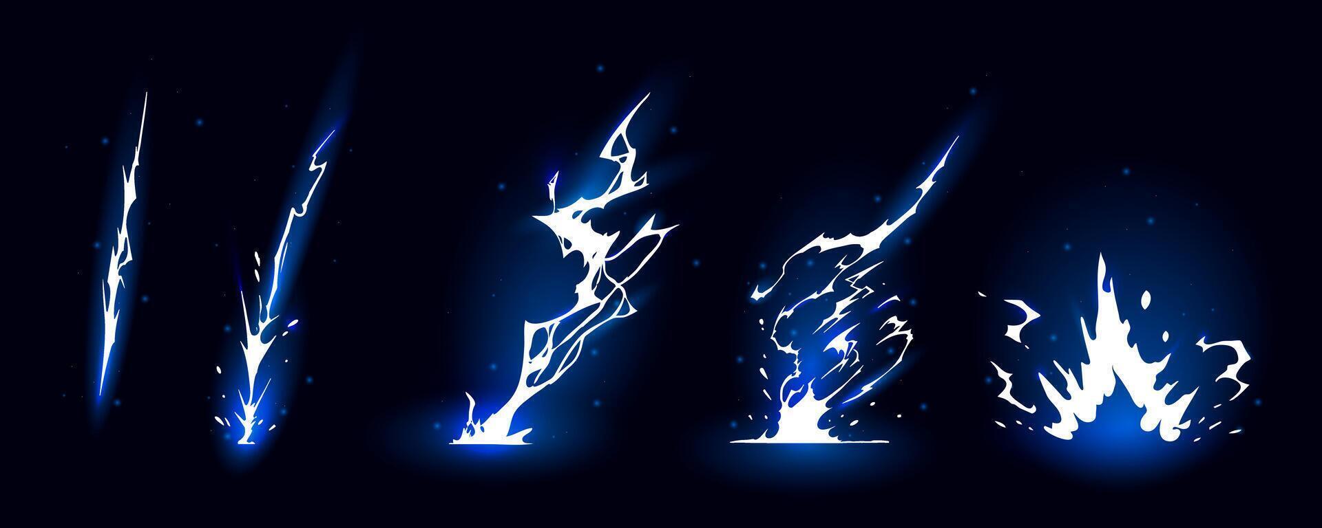 Lightning strike bolt silhouettes sequence illustration bright set. vector