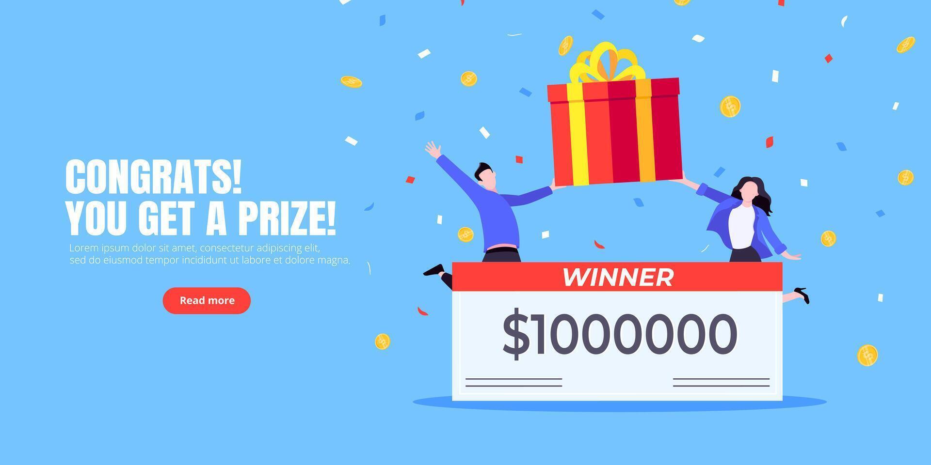 Happy lottery winners with big prize paycheck. vector