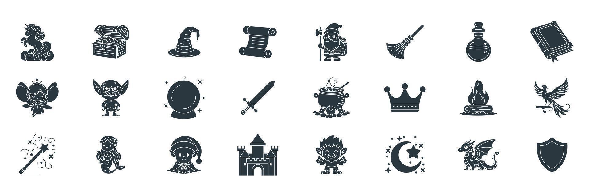 Medieval Fantasy icons set, Included icons as Book of Spells, Fairy, Dragon, Dwarf and more symbols collection, logo isolated illustration vector