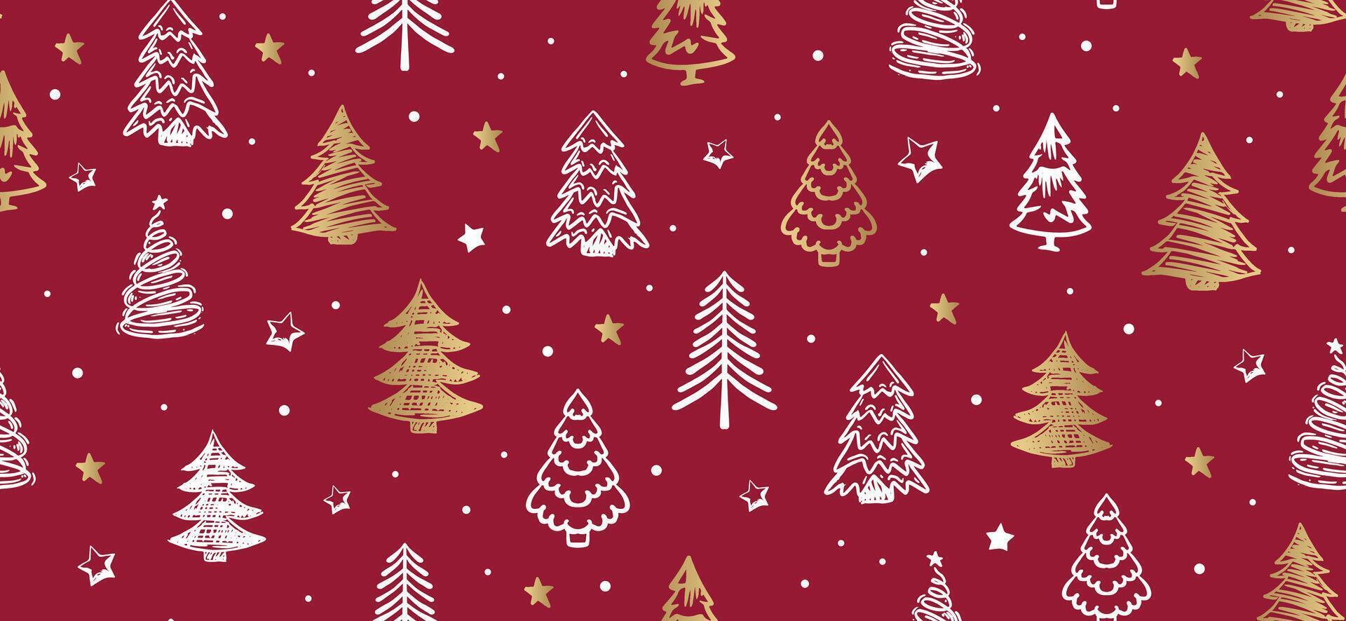 Christmas tree pattern on red background, Hand drawn illustrations. vector