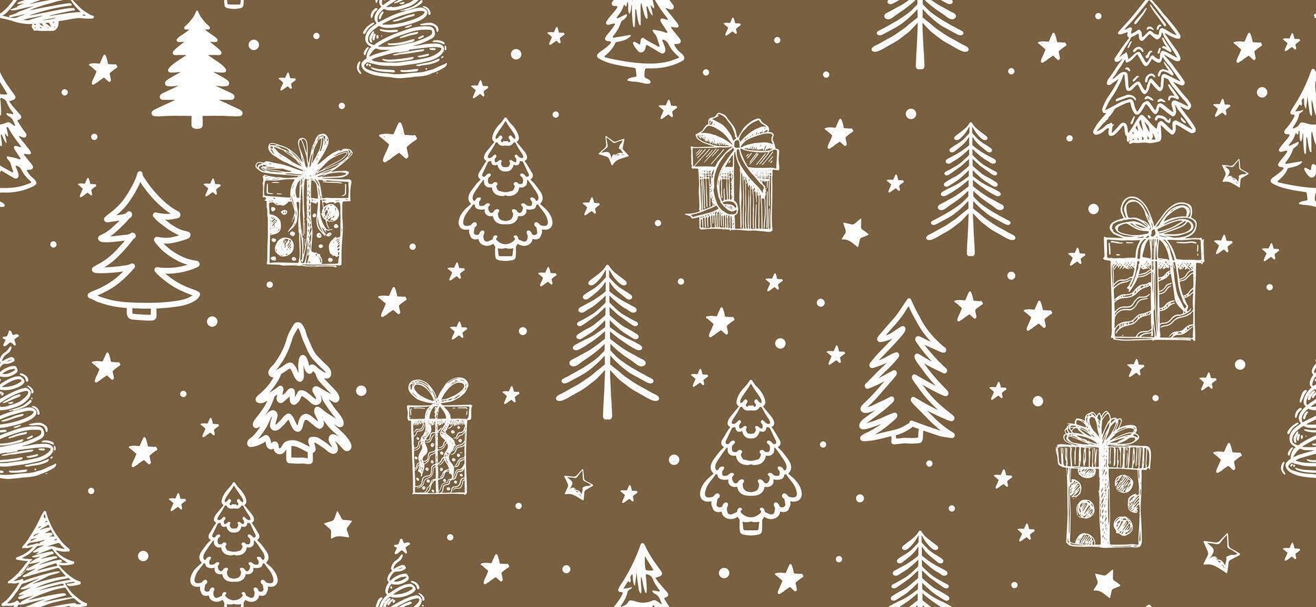 Christmas trees and presents on a brown background vector
