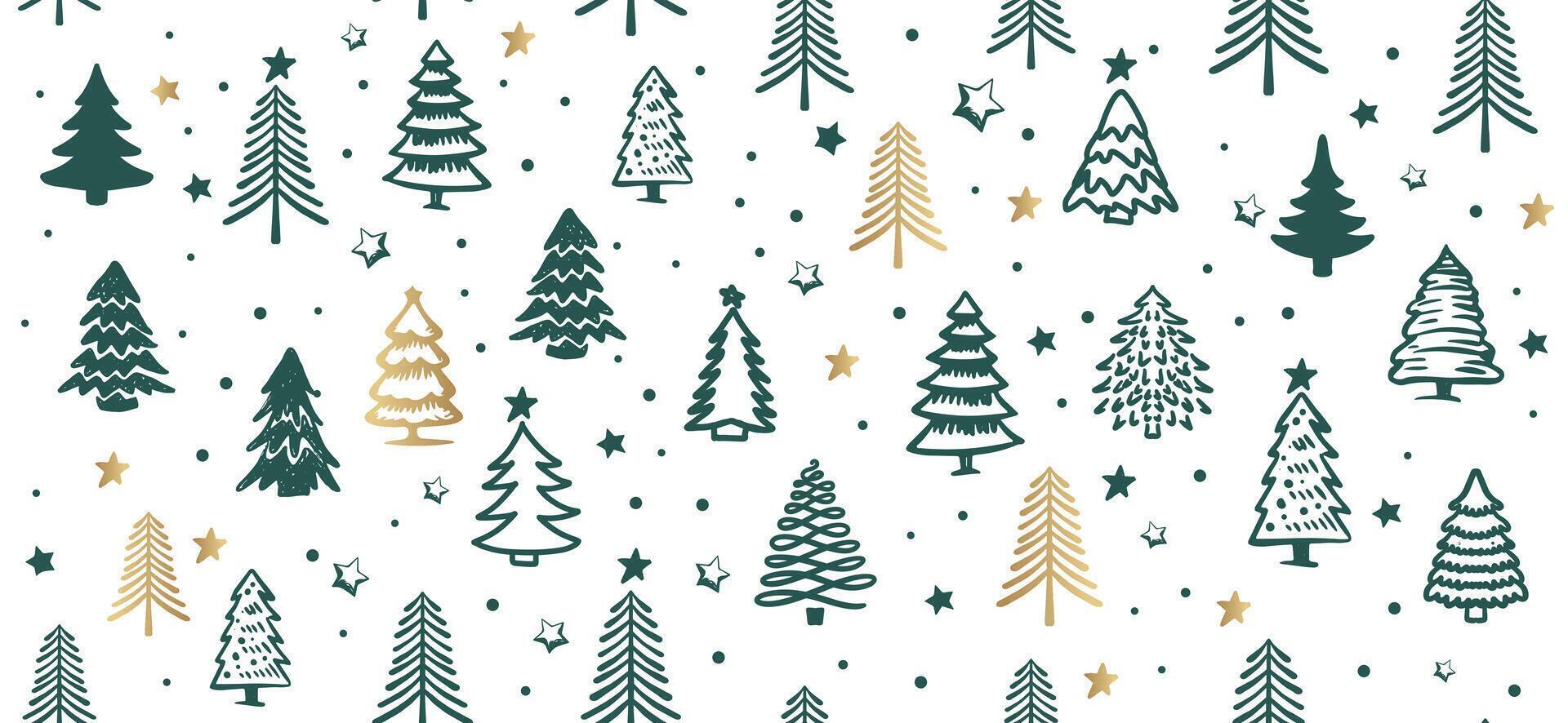 Christmas green and gold tree pattern on white background, Hand drawn illustrations. vector