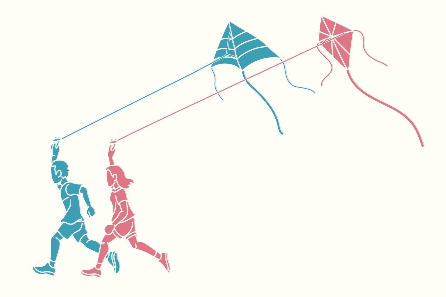 Silhouette A Boy and A Girl Running Fly a Kite Children Playing Together Cartoon Sport vector