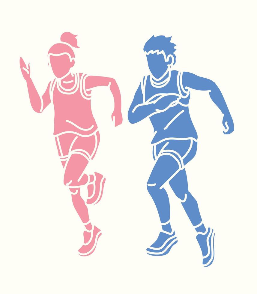 Silhouette Children Running Together a Boy and a Girl Start Running Cartoon Sport Graphic vector