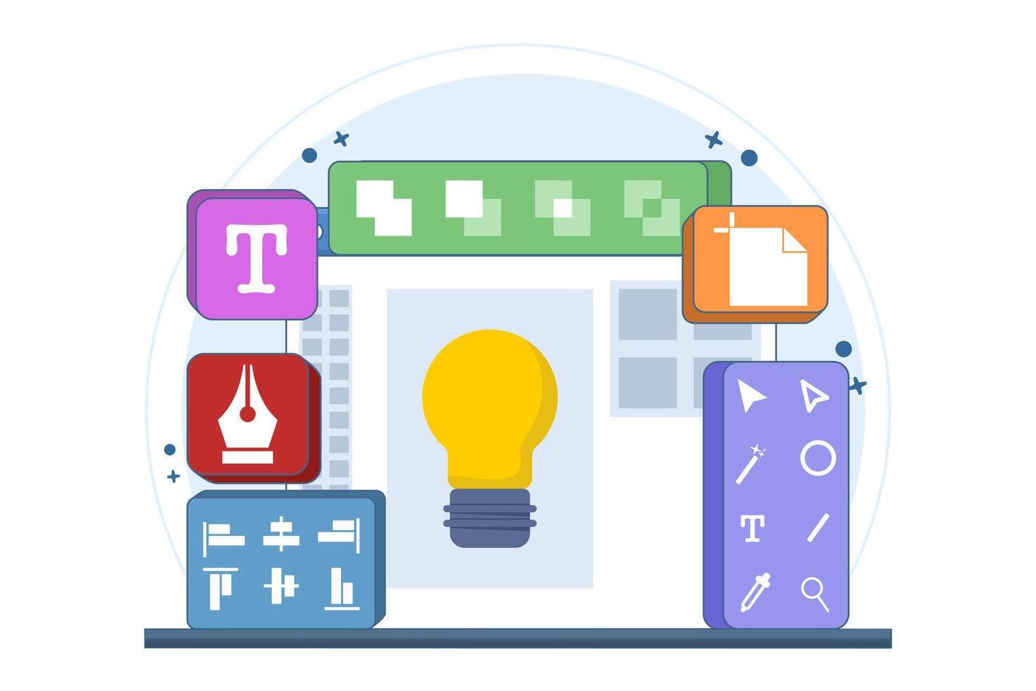 Graphic design software application concept on laptop or computer screen, flat illustration, template, design tools, symbols, icons and elements on screen, creator at work, graphic designer. vector