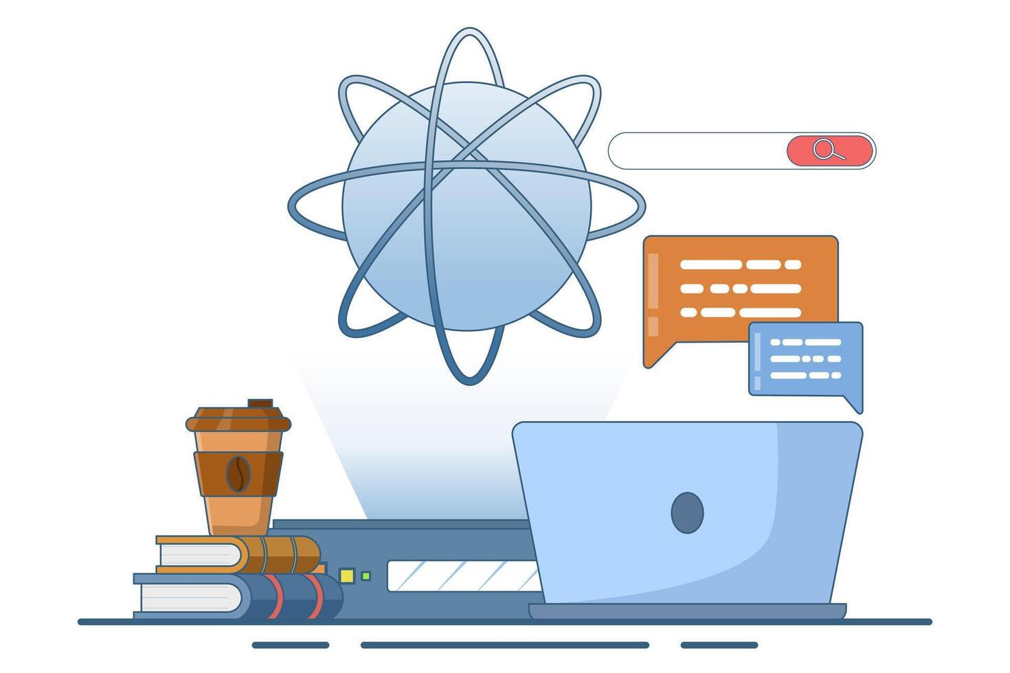 Online education concept. e-learning, internet courses, applied learning, university studies, classroom, tutorials, library on computer. Flat illustration on background. vector