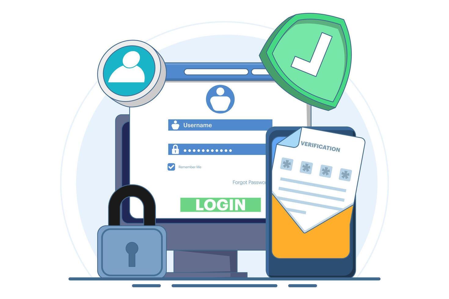 Two-step verification concept, OTP, Authentication password, One-time password for secure website account login, Login page on device screen. Flat illustration on background. vector