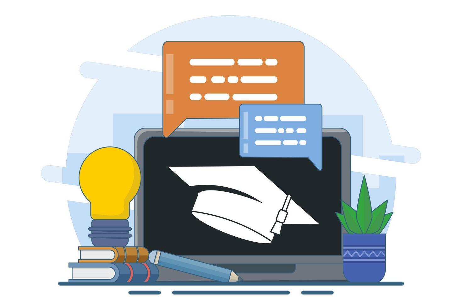 Online education concept. e-learning, internet courses, applied learning, university studies, classroom, tutorials, library on computer. Flat illustration on background. vector