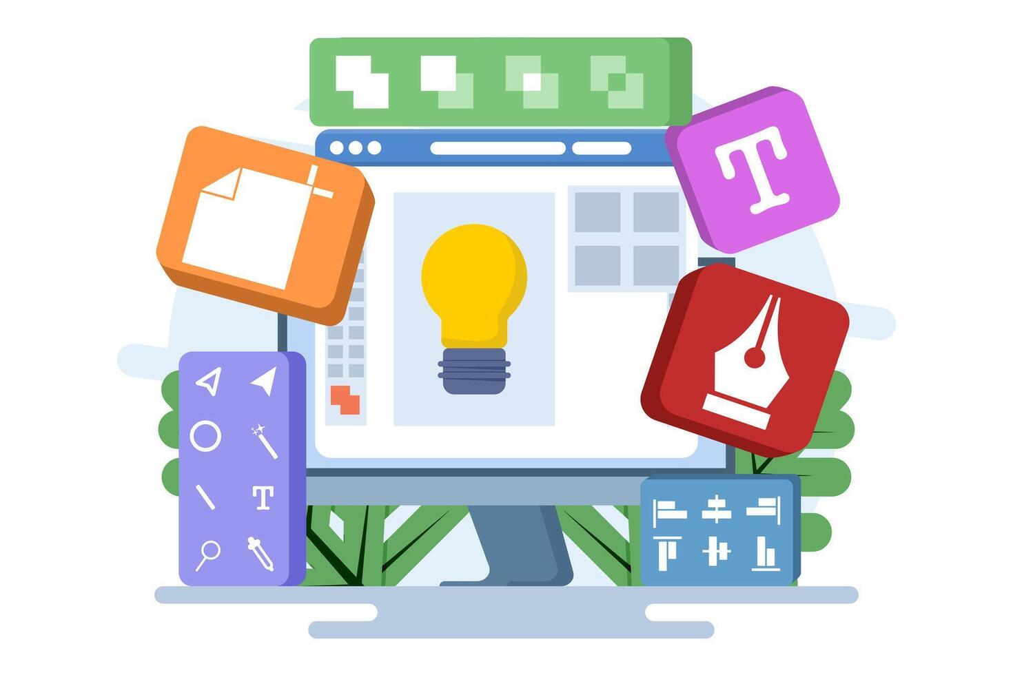 Graphic design software application concept on laptop or computer screen, flat illustration, template, design tools, symbols, icons and elements on screen, creator at work, graphic designer. vector