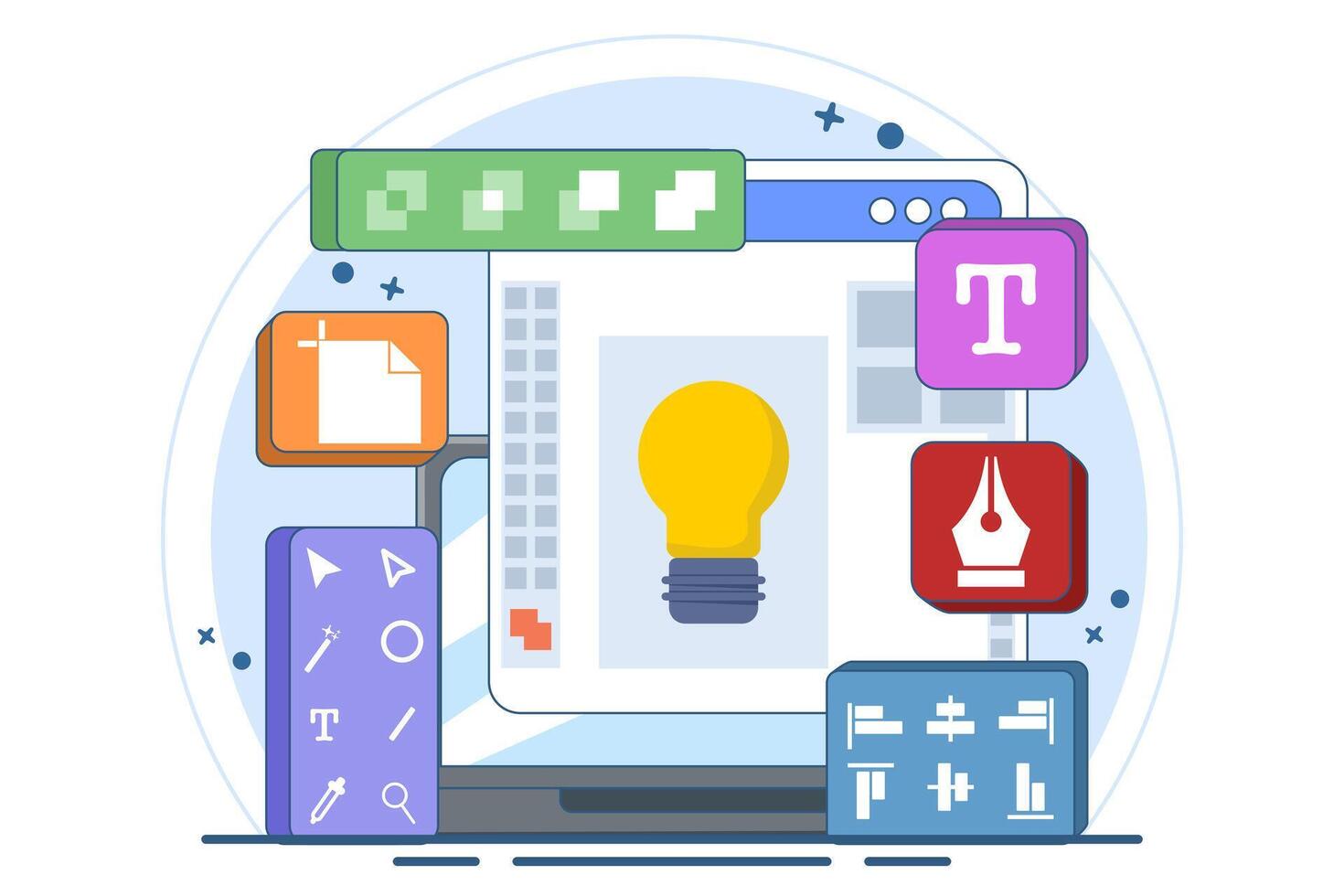 Graphic design software application concept on laptop or computer screen, flat illustration, template, design tools, symbols, icons and elements on screen, creator at work, graphic designer. vector