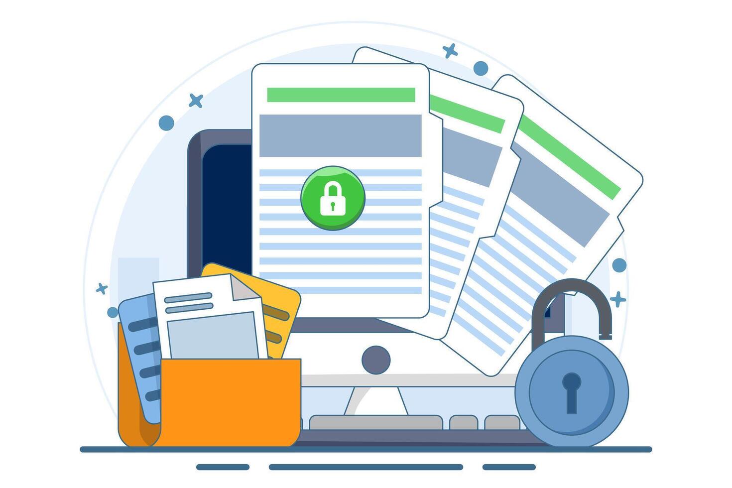 concept of secure confidential online document access on laptop computer or internet web privacy protection on text file flat icon, private secret website data lock modern symbol. illustration. vector