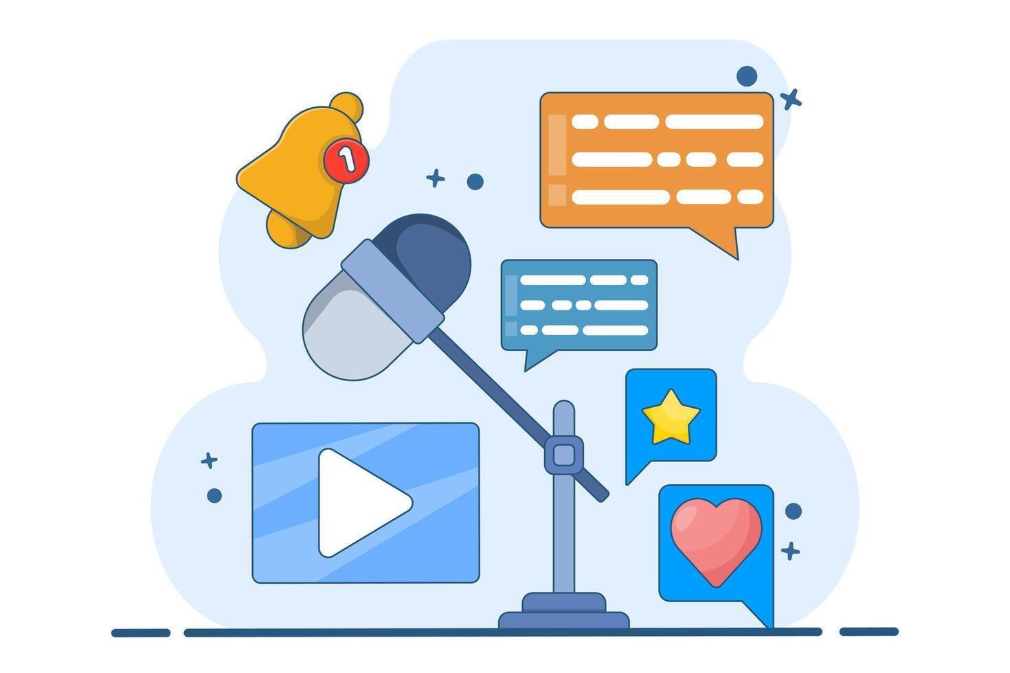 Podcast content concept. Podcasting app, radio advertising, broadcasting station, streaming, online event, blog, media marketing, digital recording. Flat illustration on background. vector